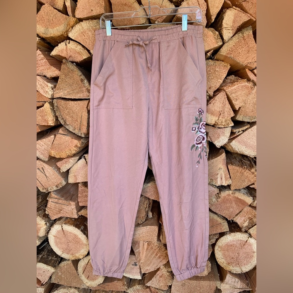 Blush Pink Floral Embroidered Drawstring Casual Pants Women Medium